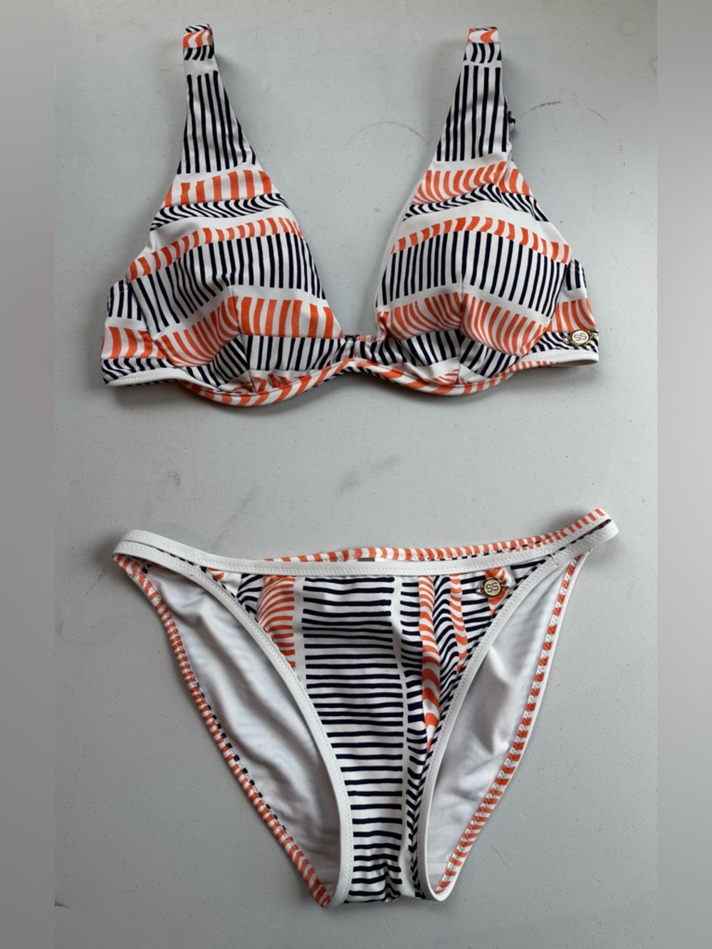 Sunseeker Abstract Stripe Blue Orange Bikini Size 8 B/C Vacation Beach Cruise